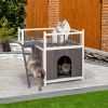 2-Story Wooden Feral Cat House Dog House for Outdoor and Indoor, Pet House with Stairs, Grey & White