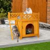 2-Story Wooden Feral Cat House Dog House for Outdoor and Indoor, Pet House with Stairs, Yellow